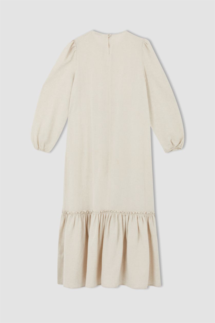 FEMME Beige Col Ras Du Cou Lin Mélangé Manche Longue Robe Tissée À Manches Longues