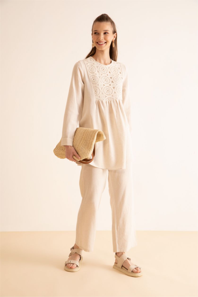 FEMME Beige Pantalon Lin Mélangé