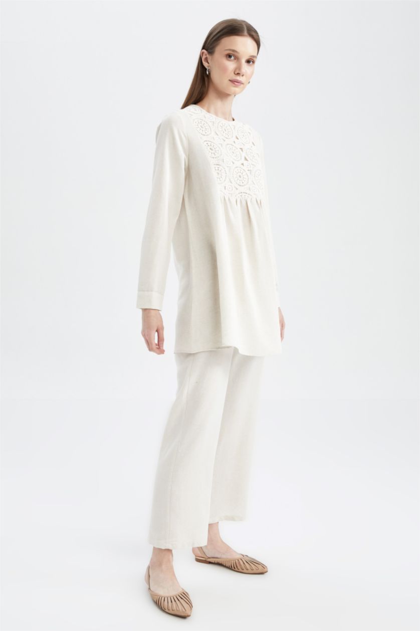 FEMME Beige Pantalon Lin Mélangé