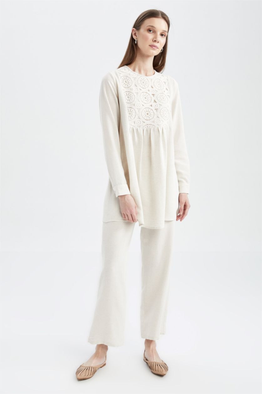 FEMME Beige Pantalon Lin Mélangé