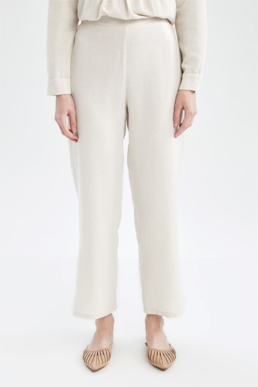 FEMME Beige Pantalon Lin Mélangé
