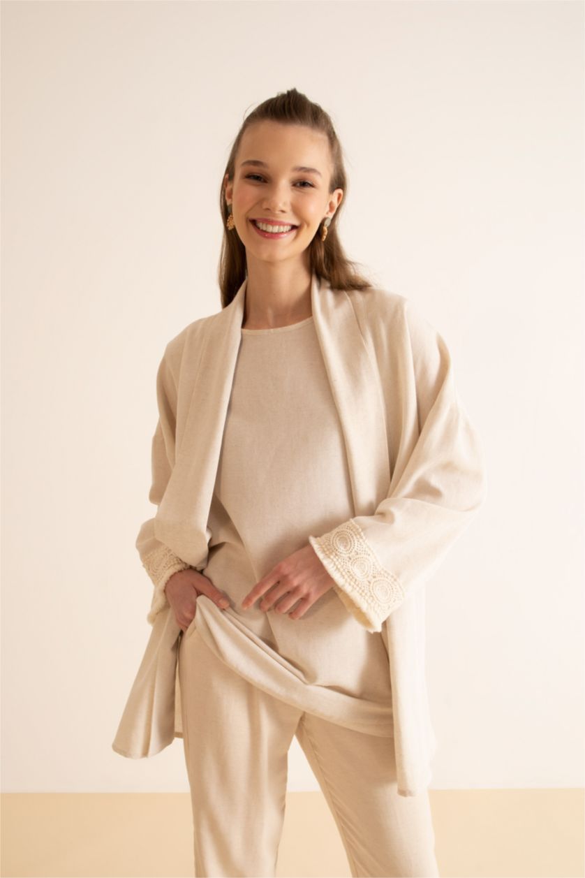 WOMAN Sand Regular Fit Linen Blend Viscose Tunic With Lace Detailed Sleeve