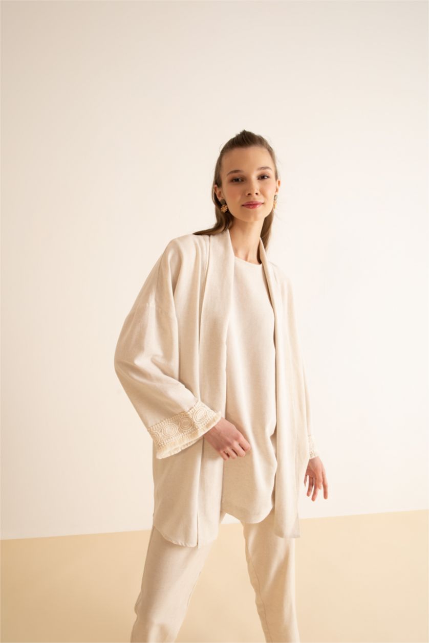 WOMAN Sand Regular Fit Linen Blend Viscose Tunic With Lace Detailed Sleeve