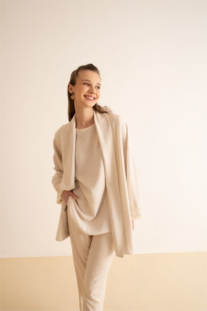 WOMAN Sand Regular Fit Linen Blend Viscose Tunic With Lace Detailed Sleeve