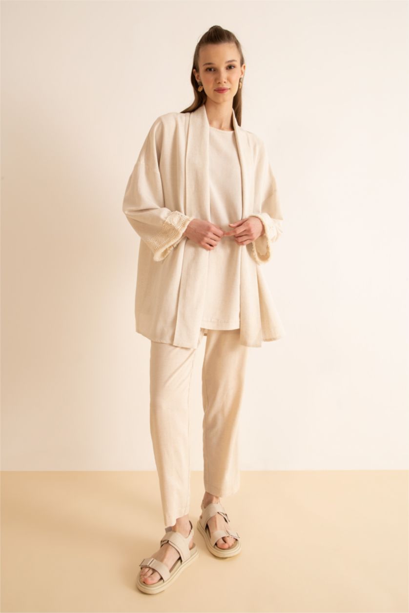 WOMAN Sand Regular Fit Linen Blend Viscose Tunic With Lace Detailed Sleeve