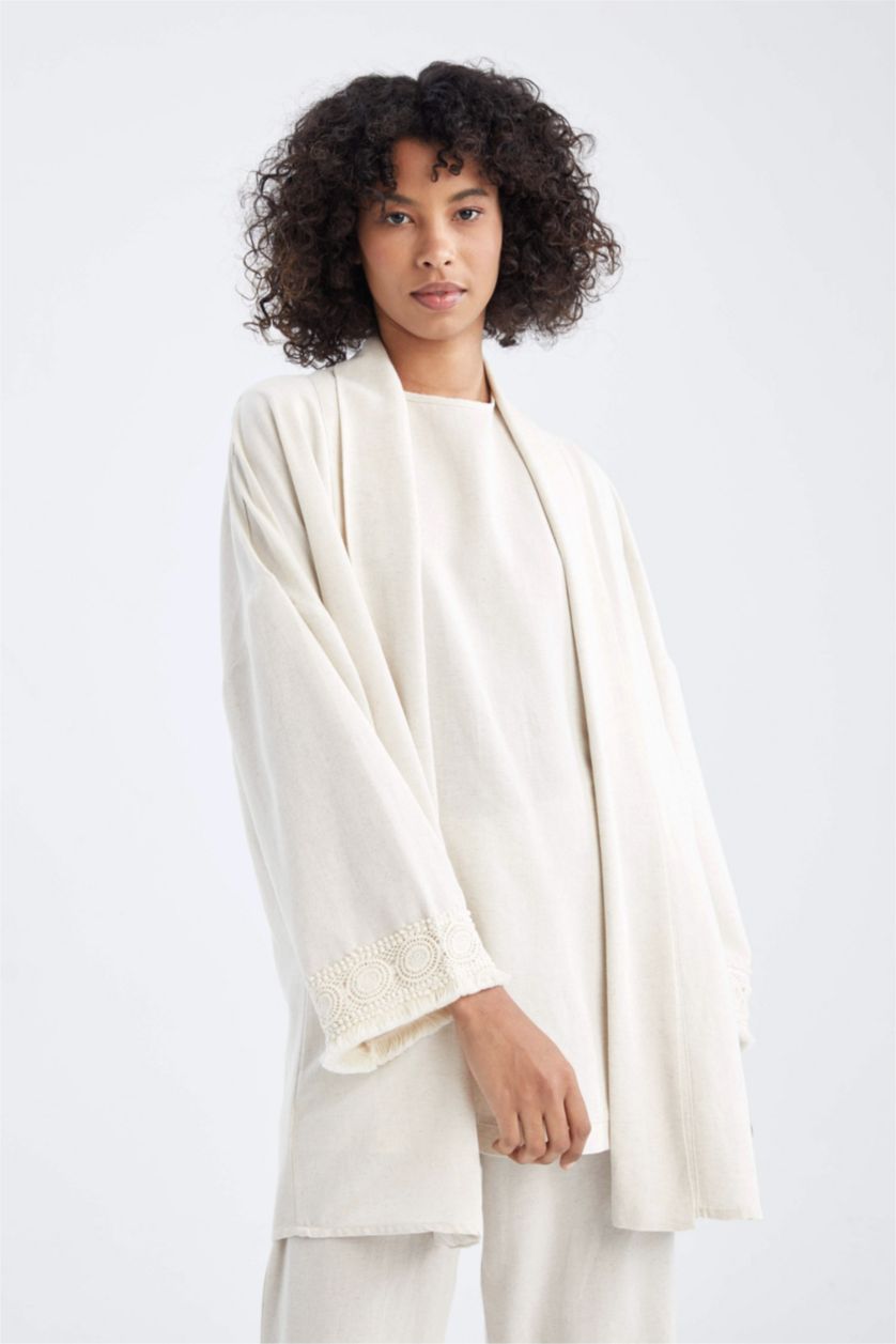 WOMAN Sand Regular Fit Linen Blend Viscose Tunic With Lace Detailed Sleeve