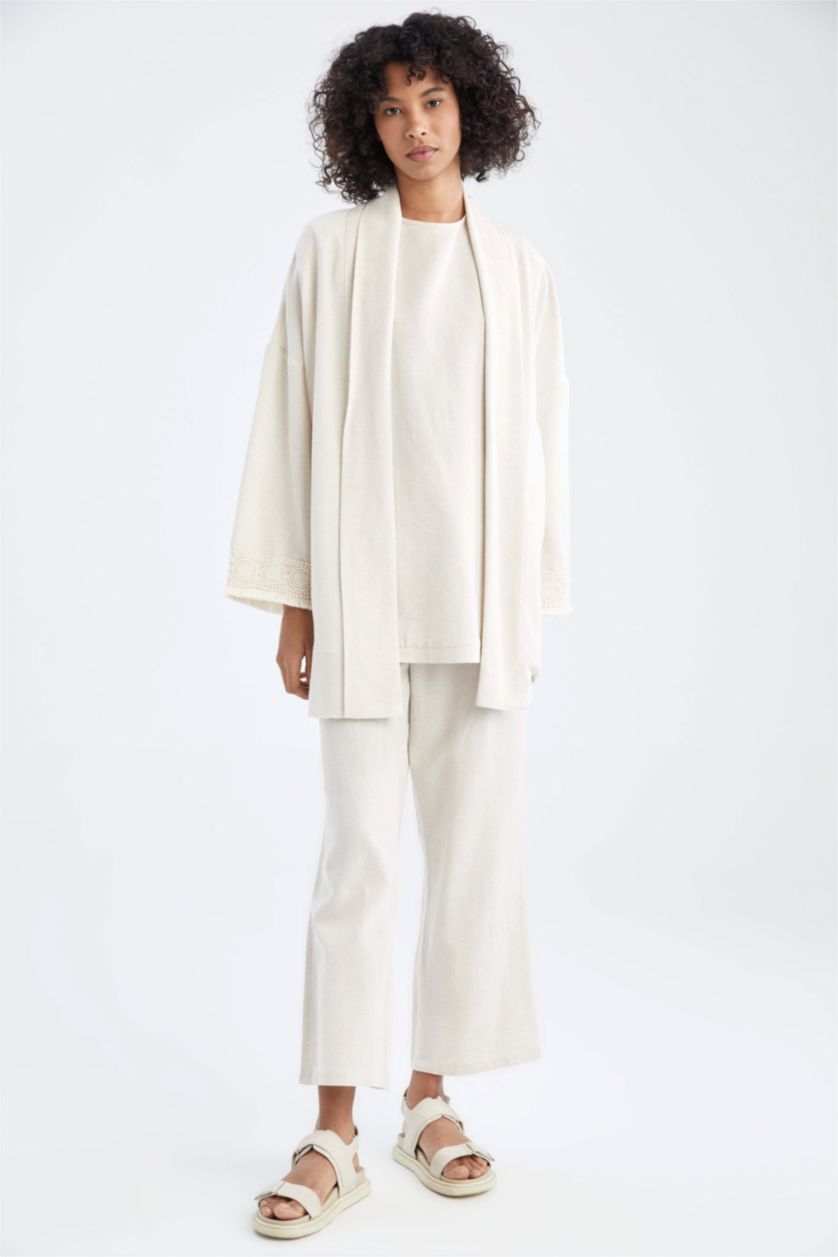 WOMAN Sand Regular Fit Linen Blend Viscose Tunic With Lace Detailed Sleeve