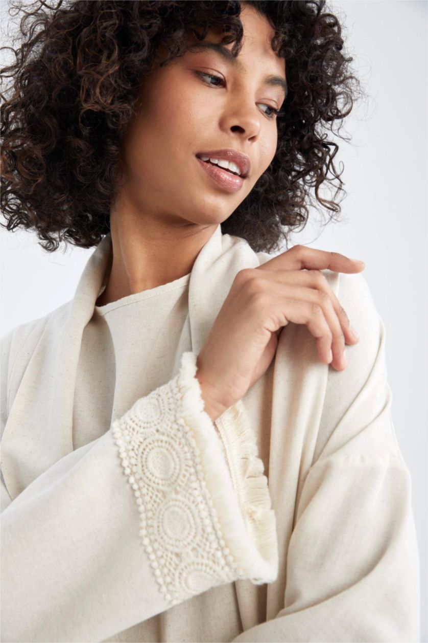 WOMAN Sand Regular Fit Linen Blend Viscose Tunic With Lace Detailed Sleeve