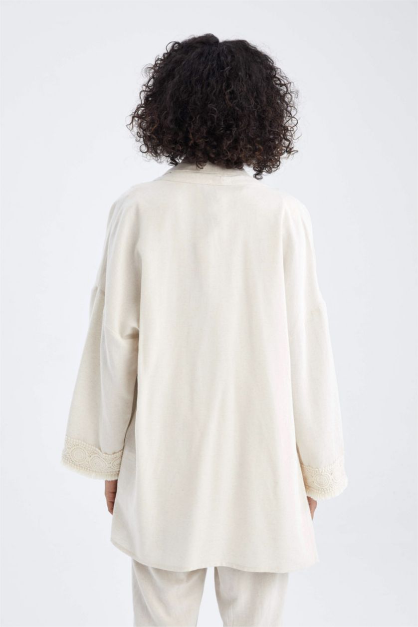 WOMAN Sand Regular Fit Linen Blend Viscose Tunic With Lace Detailed Sleeve