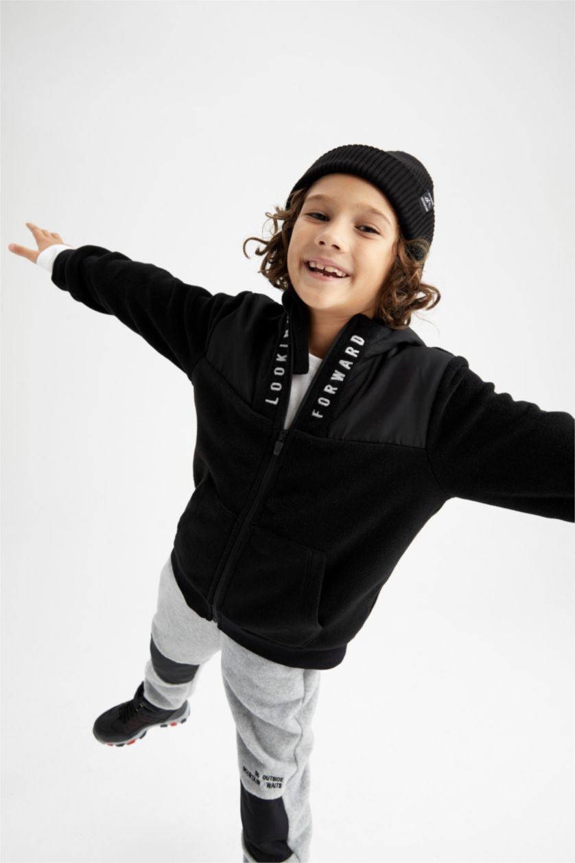 Erkek Çocuk - Genç Erkek Siyah Erkek Çocuk Kapüşonlu Polar Hırka