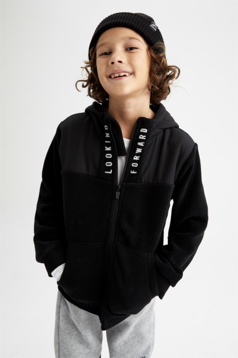 Erkek Çocuk - Genç Erkek Siyah Erkek Çocuk Kapüşonlu Polar Hırka