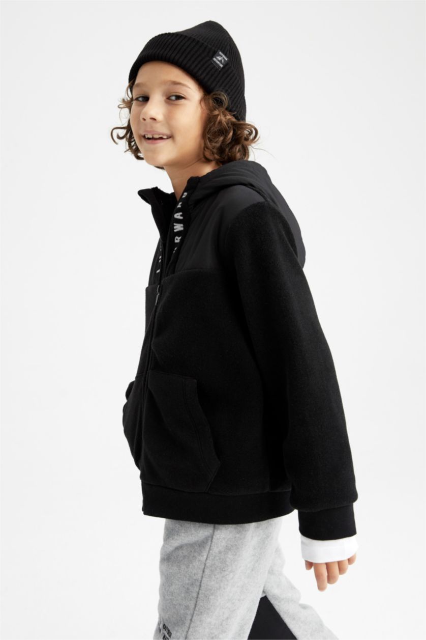 Erkek Çocuk - Genç Erkek Siyah Erkek Çocuk Kapüşonlu Polar Hırka