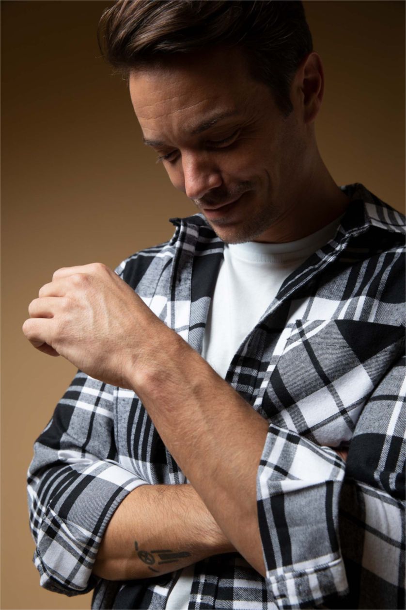 MAN Black Slim Fit Polo Neck Checked Long Sleeve Shirt