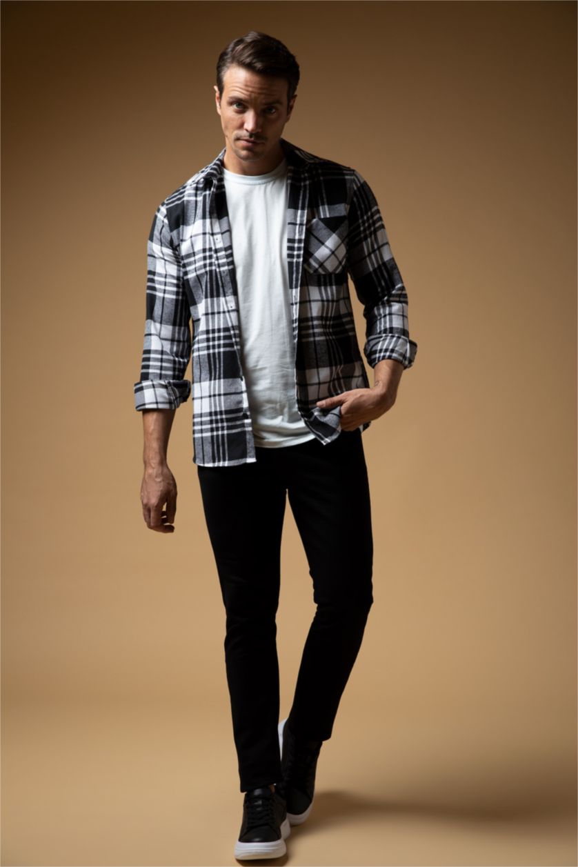 MAN Black Slim Fit Polo Neck Checked Long Sleeve Shirt