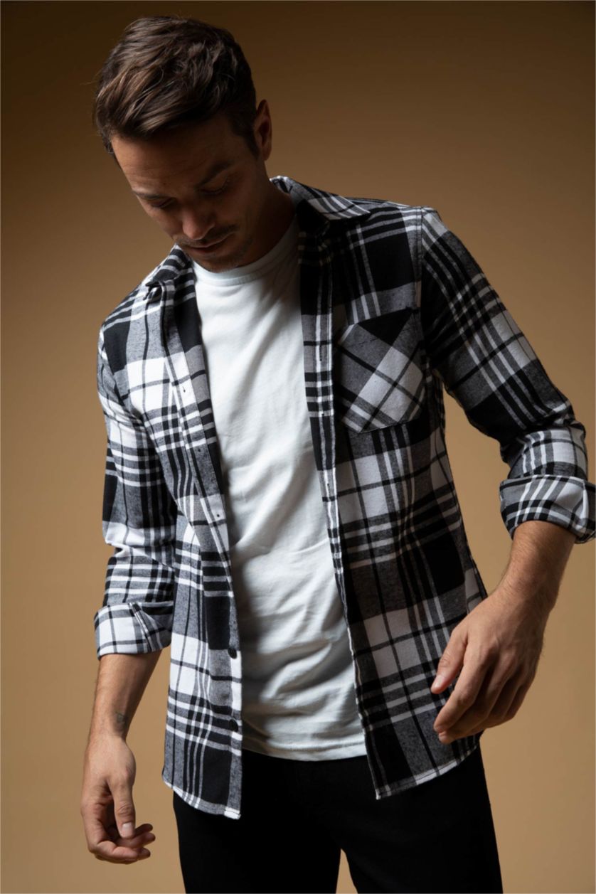 MAN Black Slim Fit Polo Neck Checked Long Sleeve Shirt