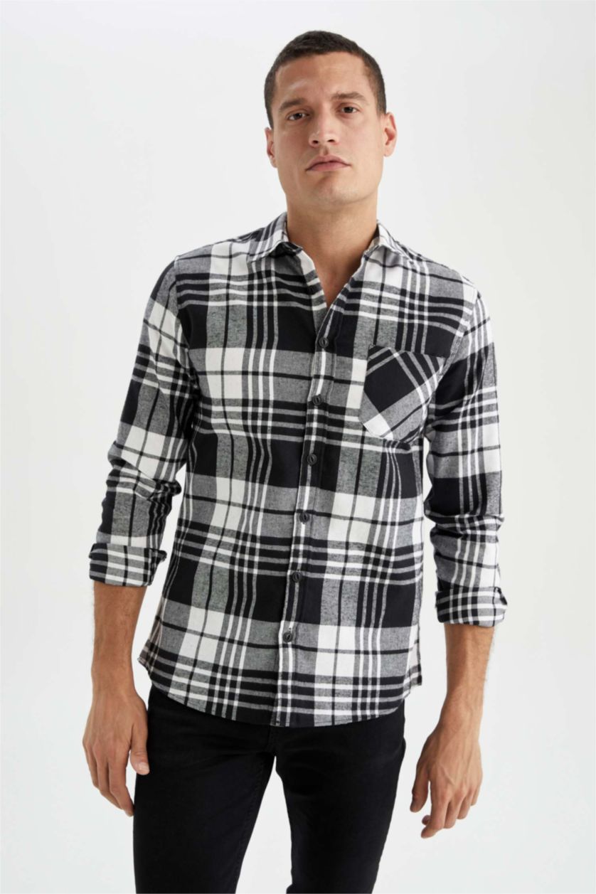 MAN Black Slim Fit Polo Neck Checked Long Sleeve Shirt