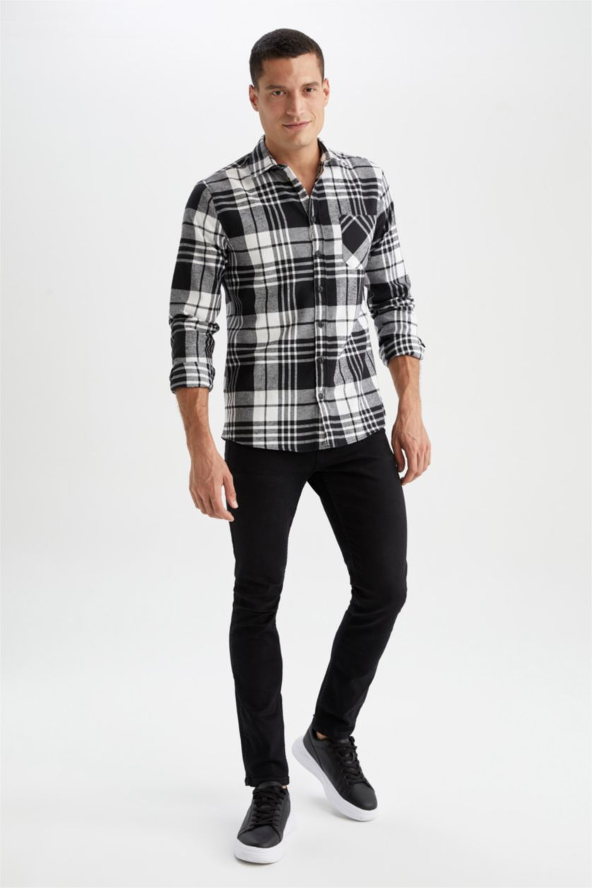 MAN Black Slim Fit Polo Neck Checked Long Sleeve Shirt