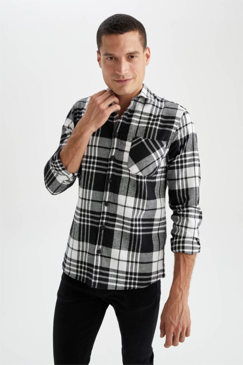 MAN Black Slim Fit Polo Neck Checked Long Sleeve Shirt