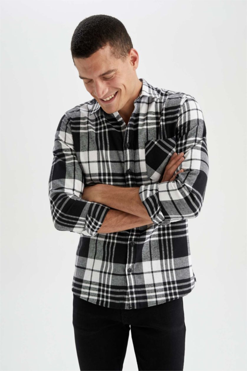MAN Black Slim Fit Polo Neck Checked Long Sleeve Shirt