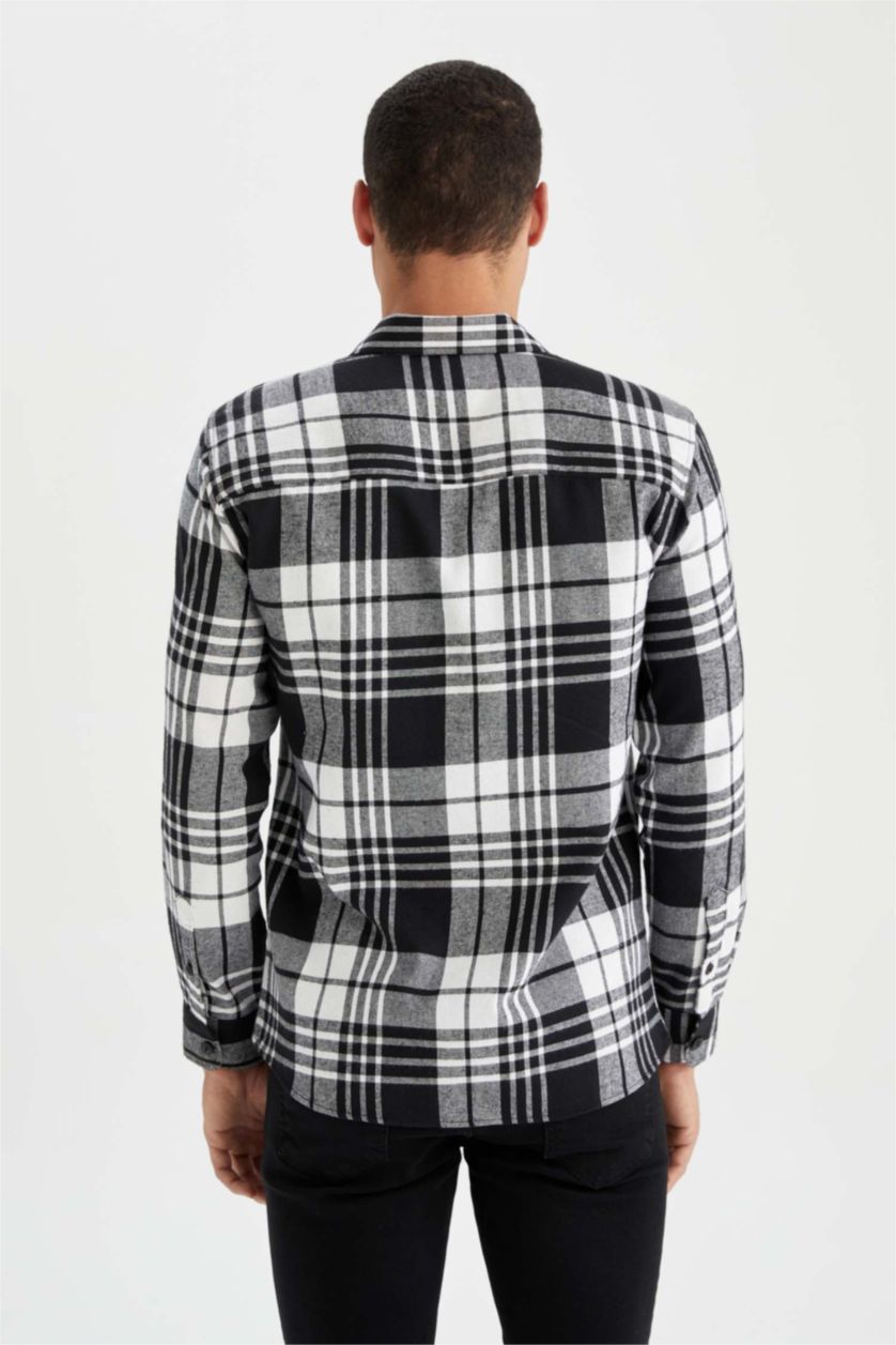 MAN Black Slim Fit Polo Neck Checked Long Sleeve Shirt