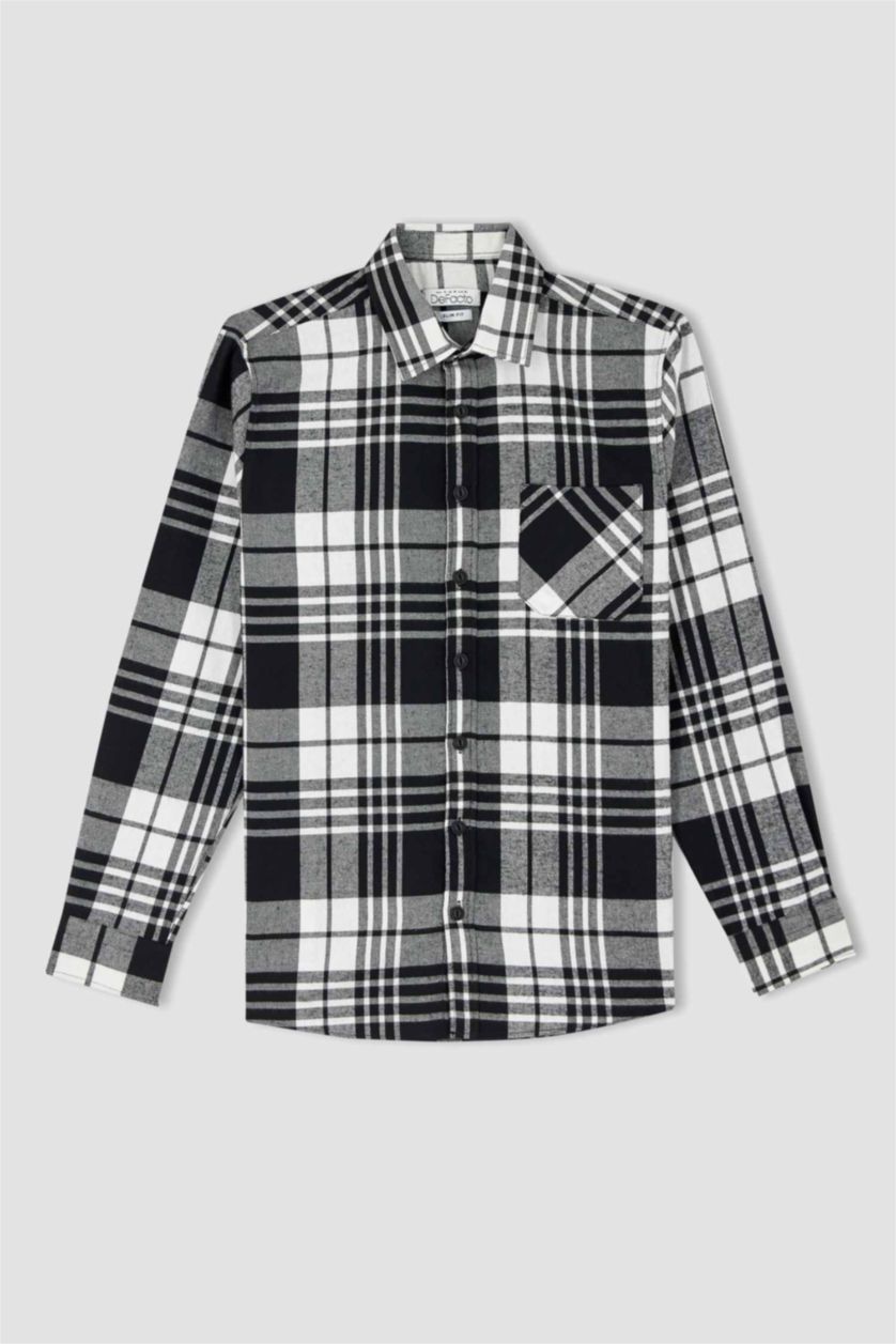 MAN Black Slim Fit Polo Neck Checked Long Sleeve Shirt
