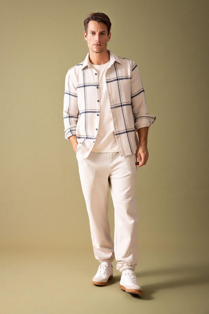 Erkek Bej Modern Fıt Polo Yaka Oduncu Uzun Kollu Gömlek