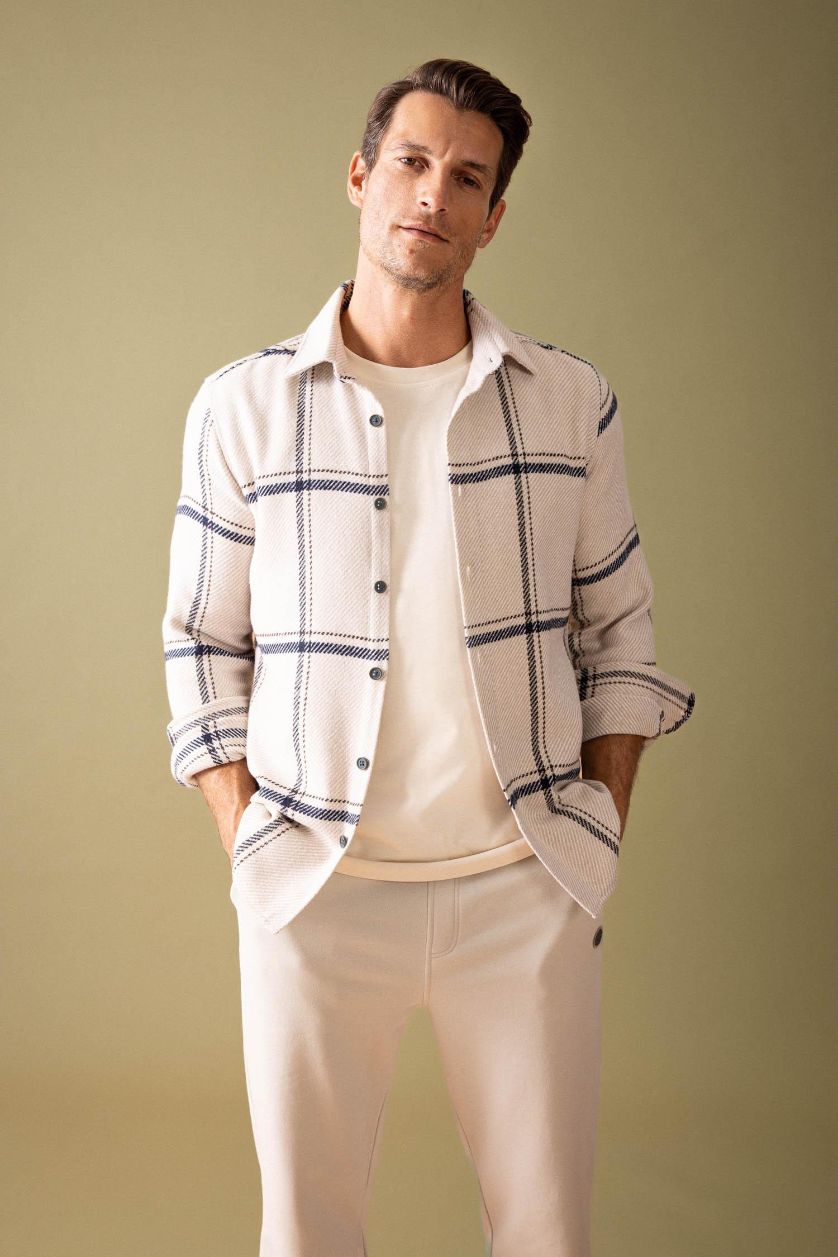 Erkek Bej Modern Fıt Polo Yaka Oduncu Uzun Kollu Gömlek