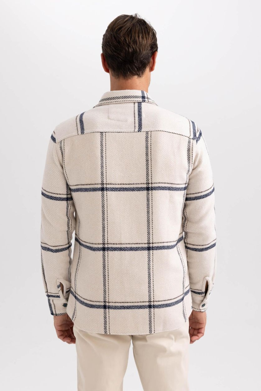 Erkek Bej Modern Fıt Polo Yaka Oduncu Uzun Kollu Gömlek