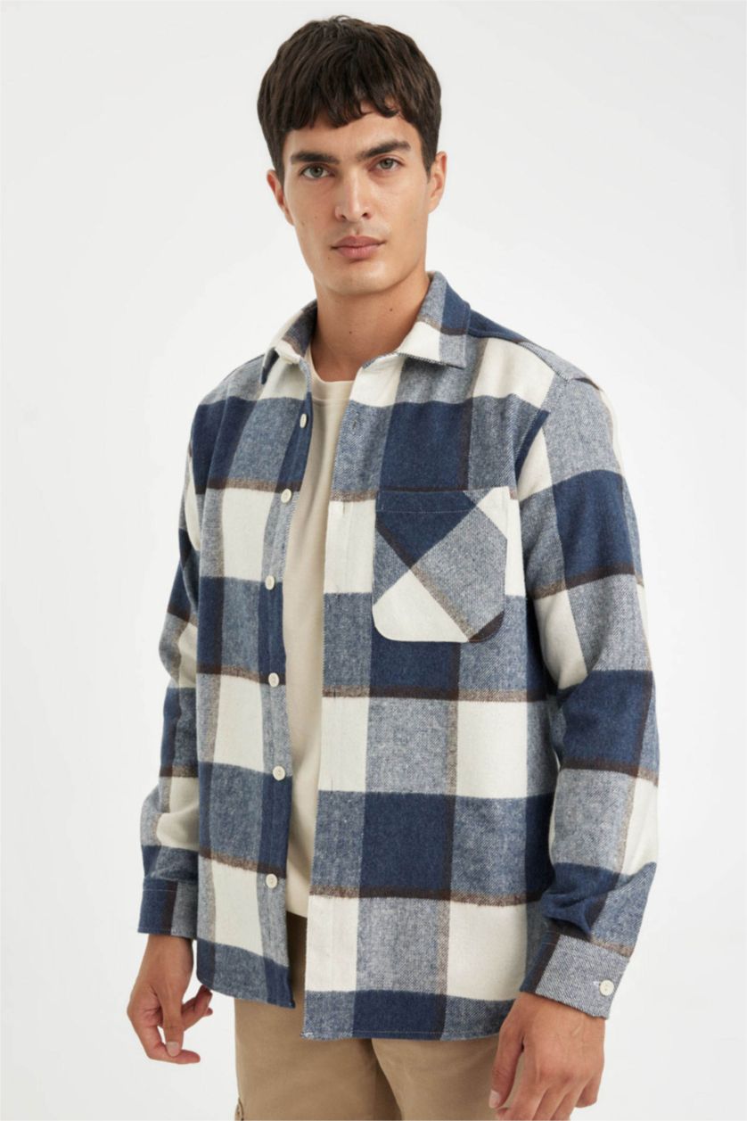 Erkek İndigo Regular Fit Polo Yaka Kareli Oduncu Flanel Uzun Kollu Gömlek