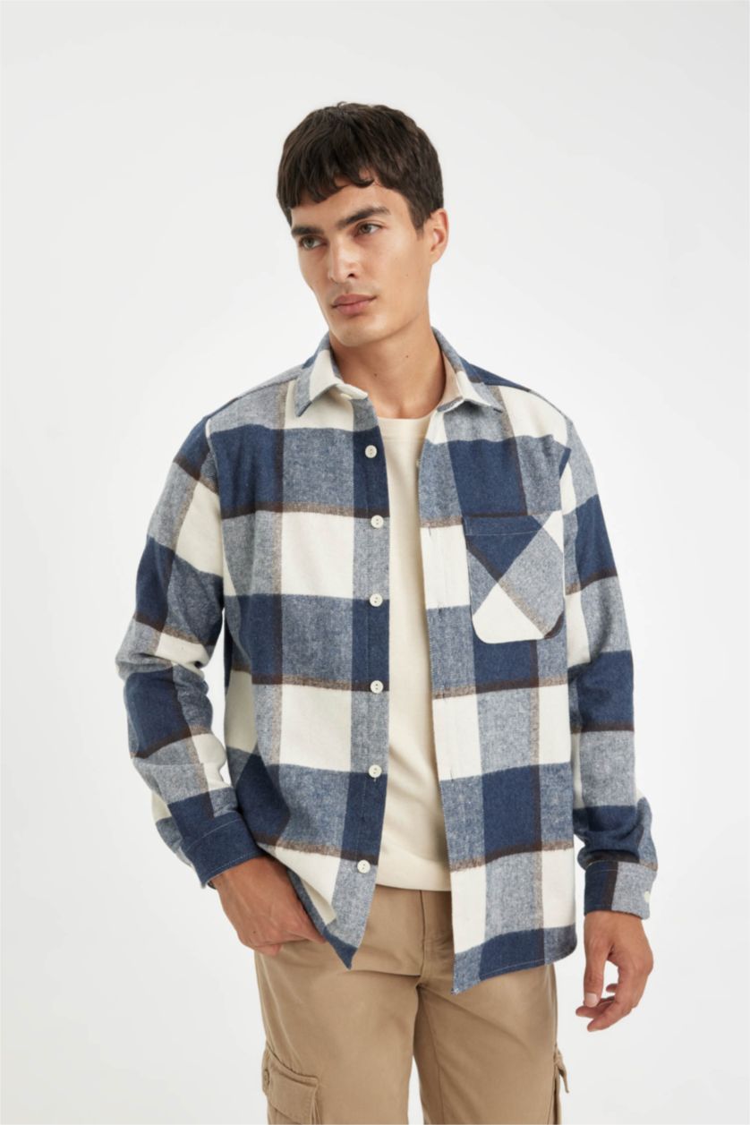Erkek İndigo Regular Fit Polo Yaka Kareli Oduncu Flanel Uzun Kollu Gömlek