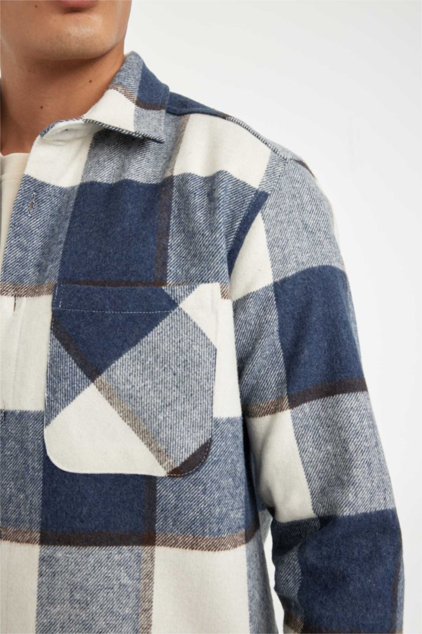 Erkek İndigo Regular Fit Polo Yaka Kareli Oduncu Flanel Uzun Kollu Gömlek