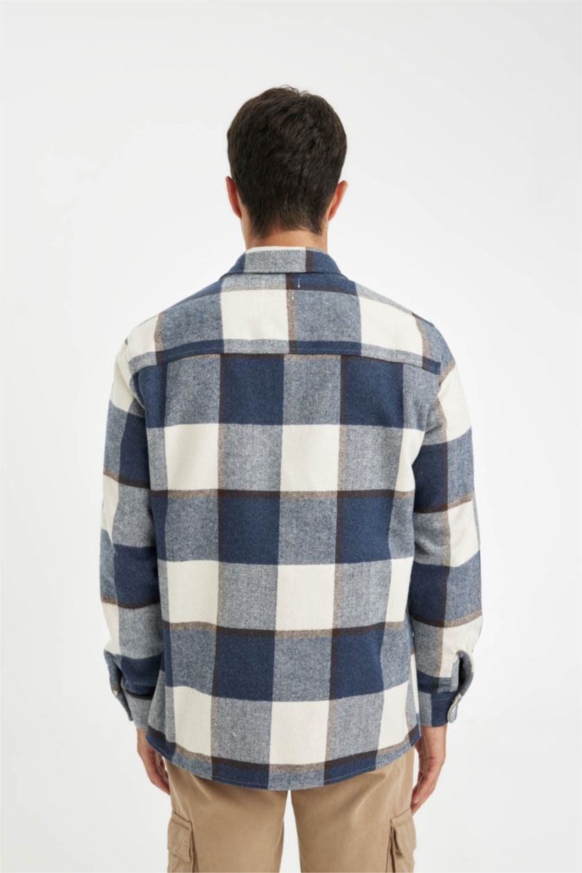 Erkek İndigo Regular Fit Polo Yaka Kareli Oduncu Flanel Uzun Kollu Gömlek