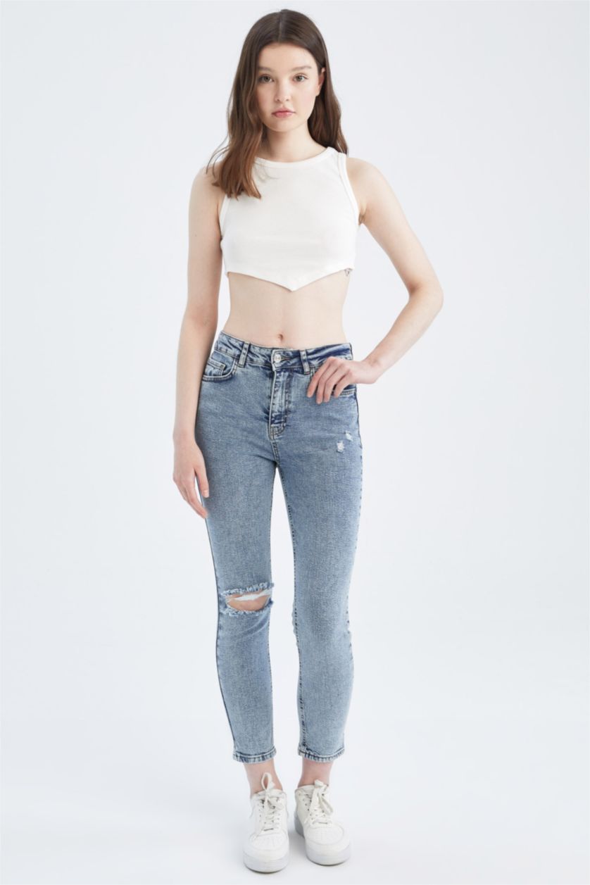 نساء أزرق فاتح بنطلون جينز سليم فيت ممزق