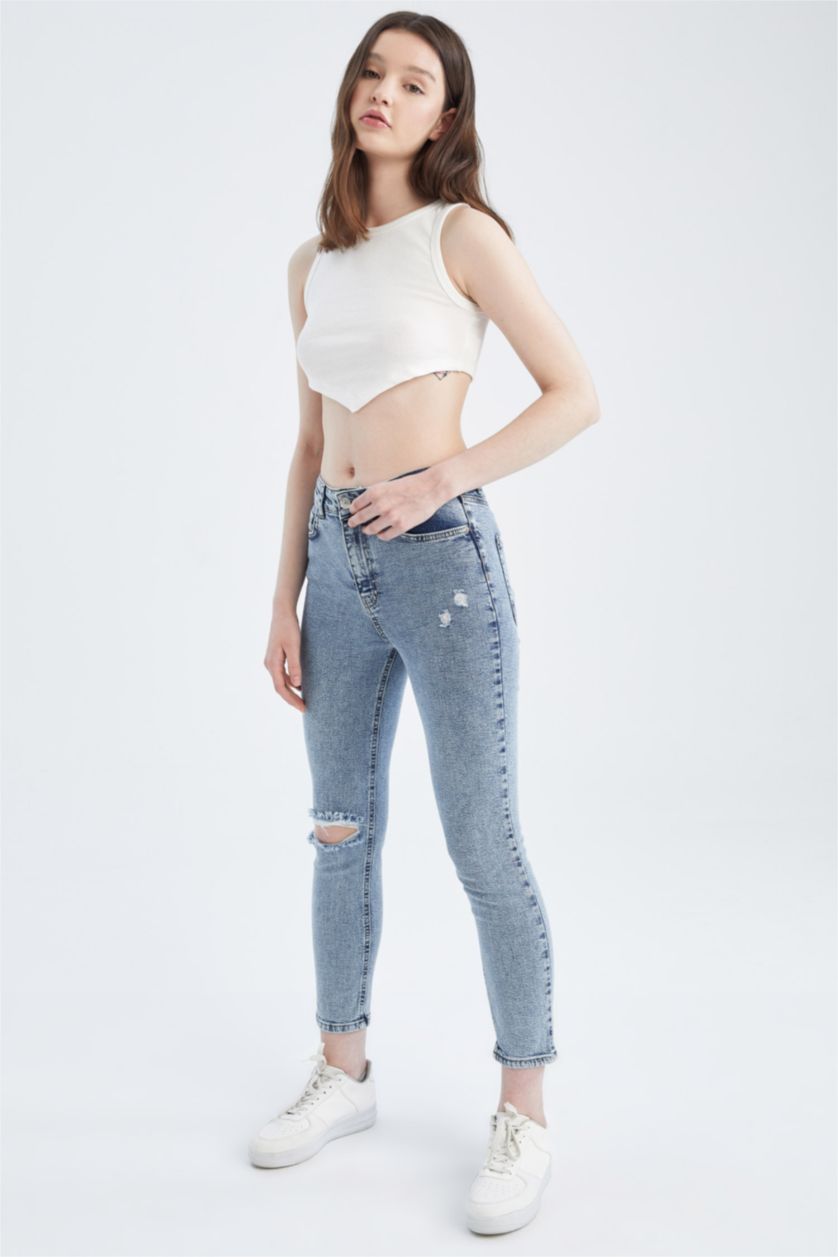نساء أزرق فاتح بنطلون جينز سليم فيت ممزق
