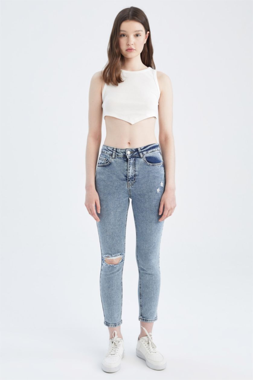 نساء أزرق فاتح بنطلون جينز سليم فيت ممزق