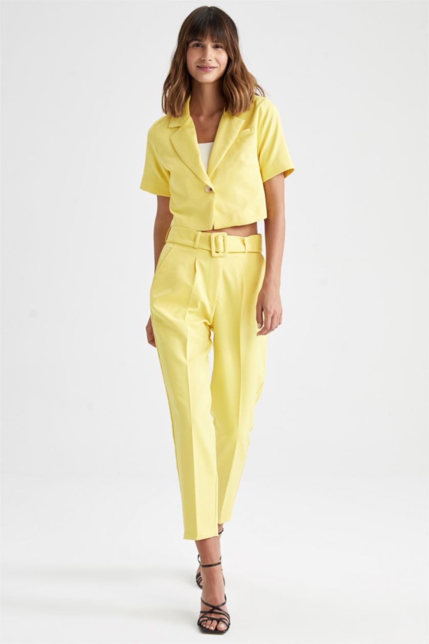 Woman Yellow Short Sleeve Crop Blazer