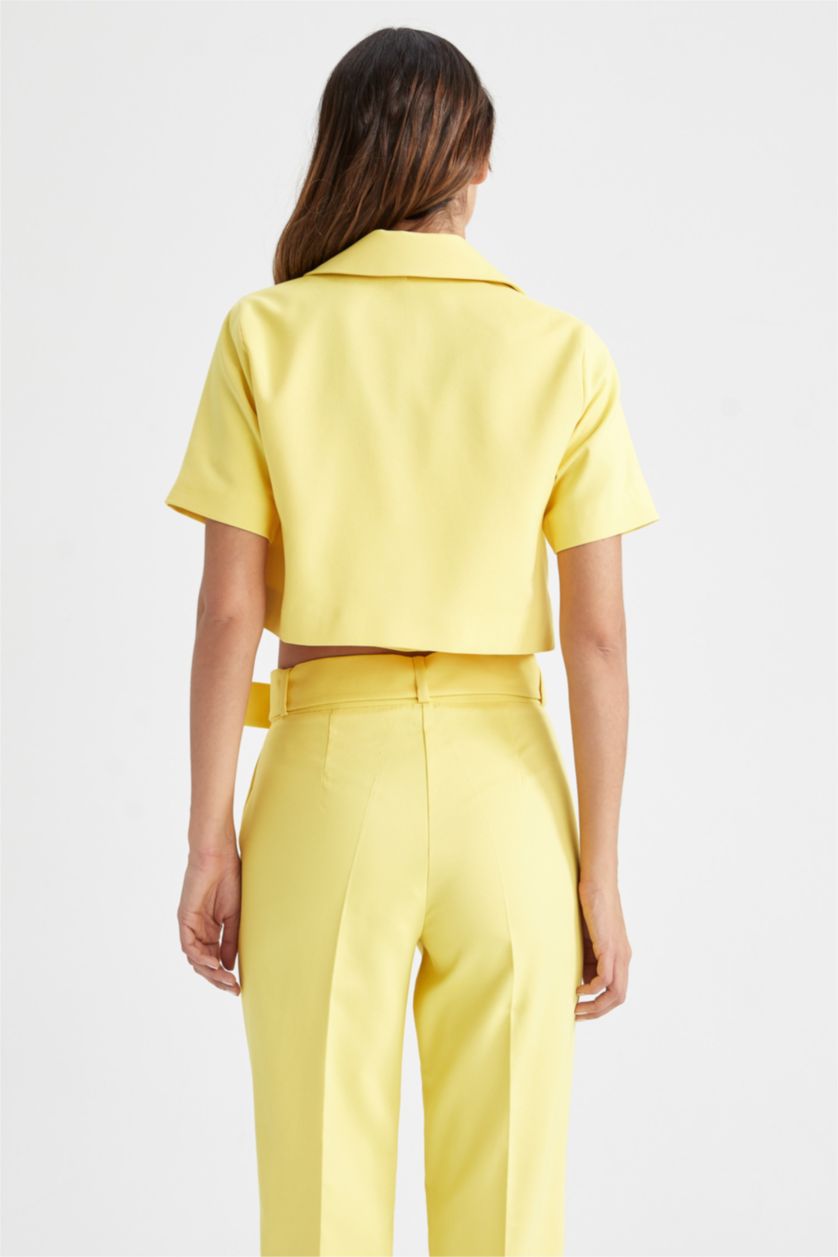 Woman Yellow Short Sleeve Crop Blazer
