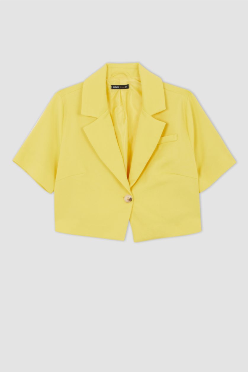Woman Yellow Short Sleeve Crop Blazer