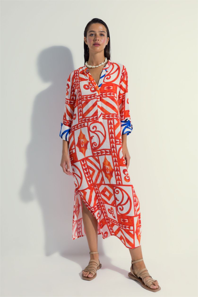 Kadın Kırmızı Nefes İstanbul X Defacto Desenli Uzun Kollu Plaj Elbisesi