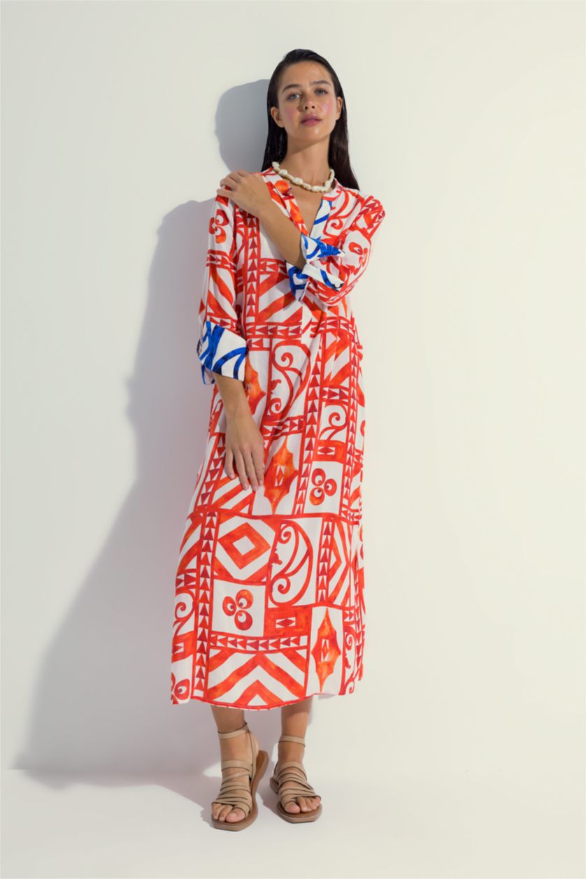 Kadın Kırmızı Nefes İstanbul X Defacto Desenli Uzun Kollu Plaj Elbisesi