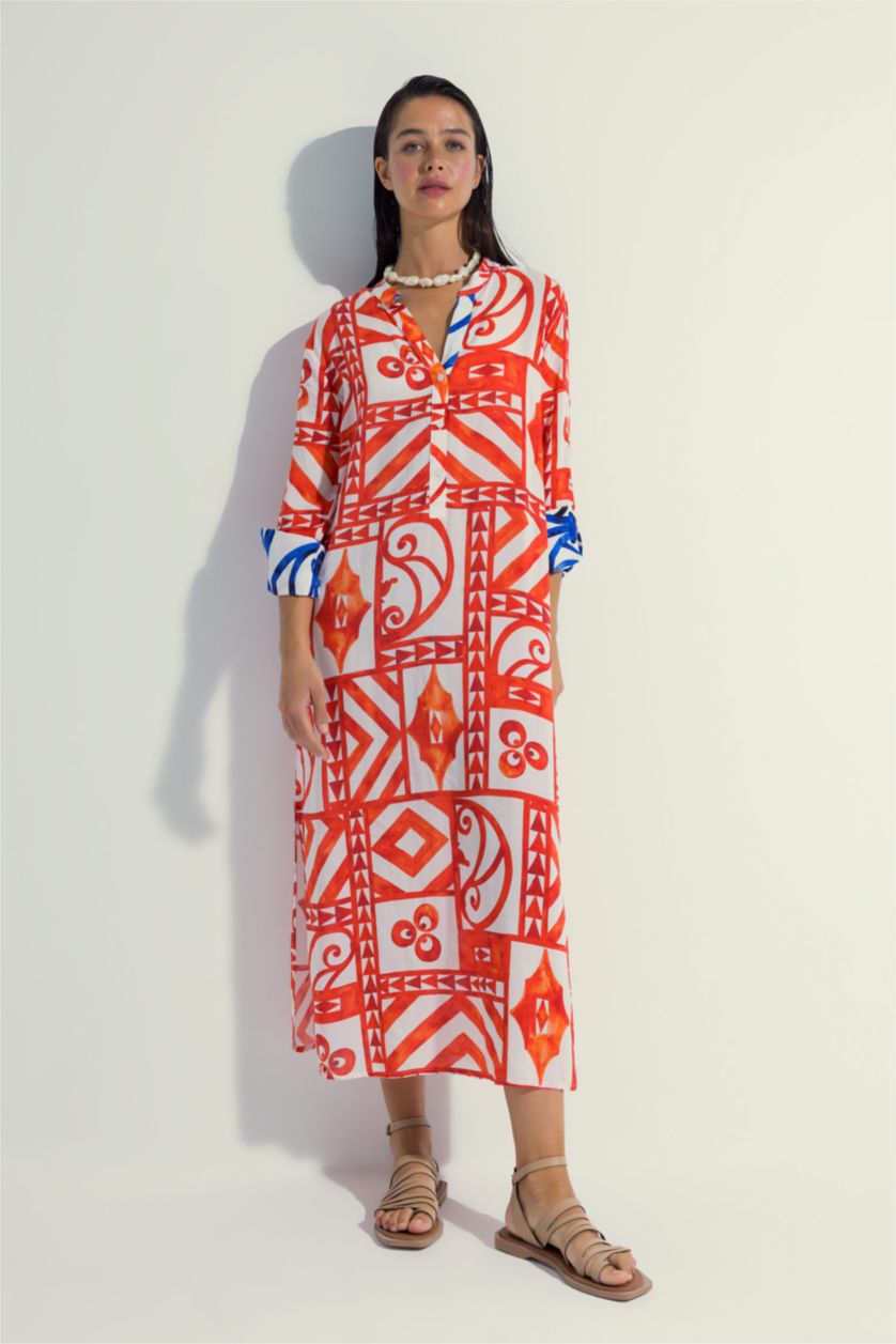 Kadın Kırmızı Nefes İstanbul X Defacto Desenli Uzun Kollu Plaj Elbisesi