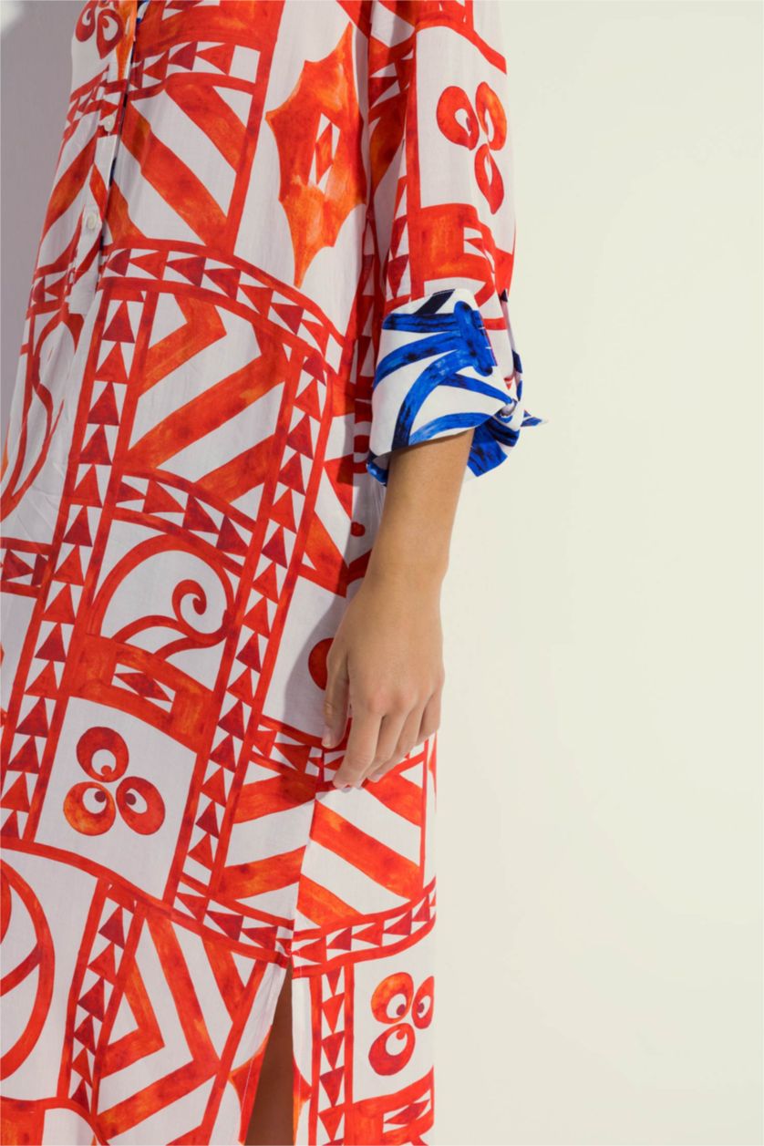 Kadın Kırmızı Nefes İstanbul X Defacto Desenli Uzun Kollu Plaj Elbisesi