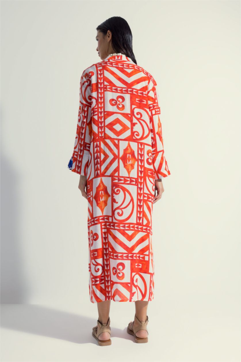 Kadın Kırmızı Nefes İstanbul X Defacto Desenli Uzun Kollu Plaj Elbisesi