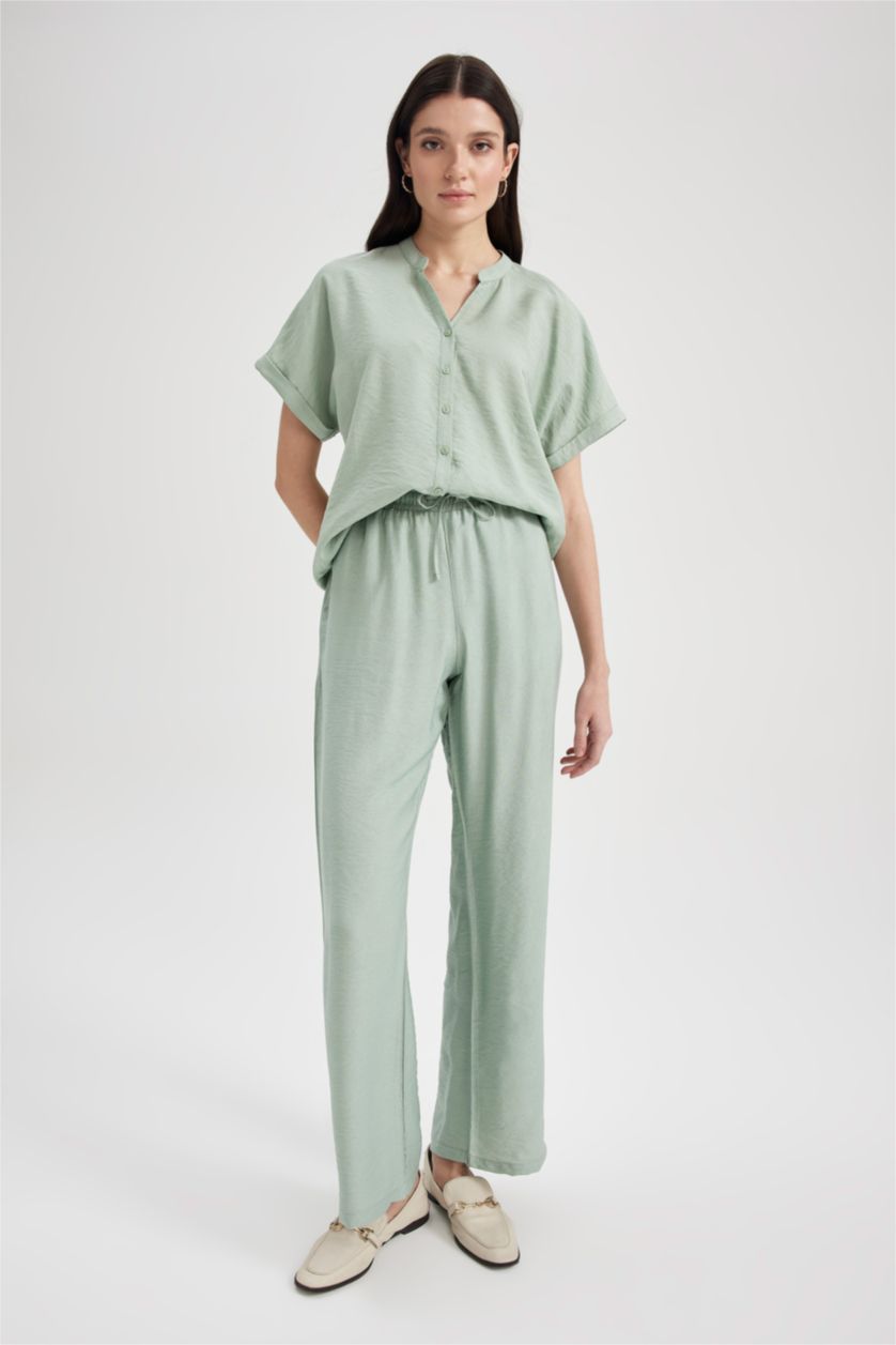 نساء أخضر فاتح كابري قصة مستقيمة بخصر عالي وايد ليج