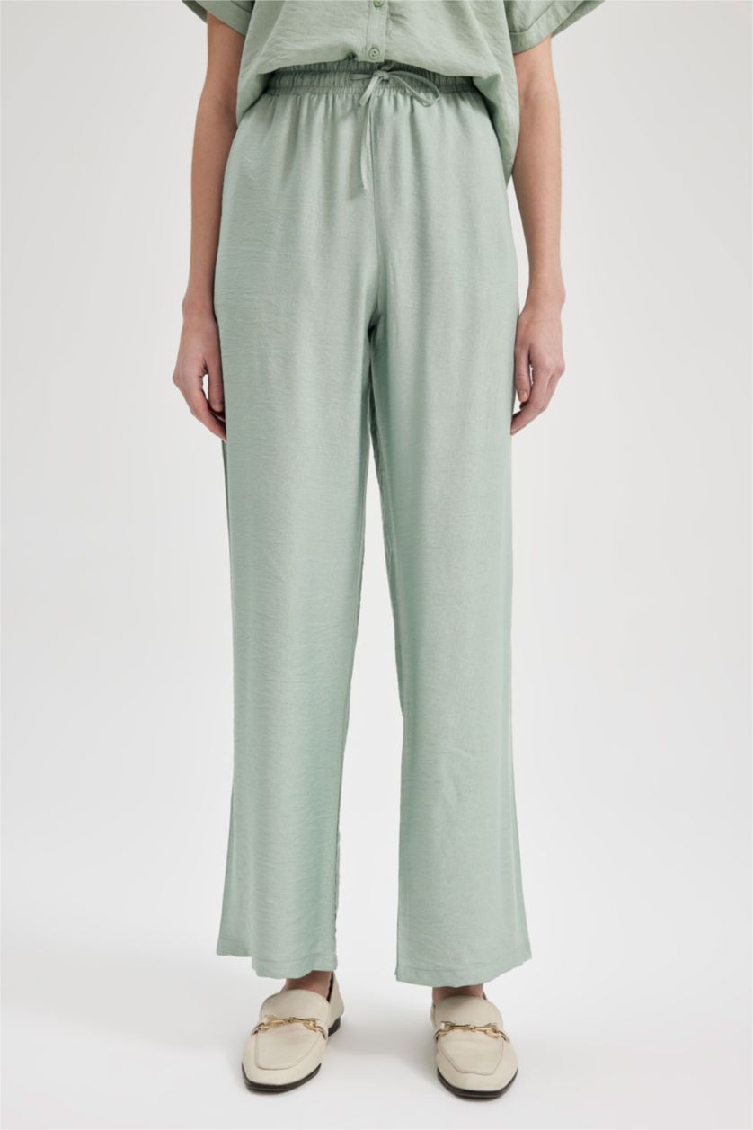 نساء أخضر فاتح كابري قصة مستقيمة بخصر عالي وايد ليج