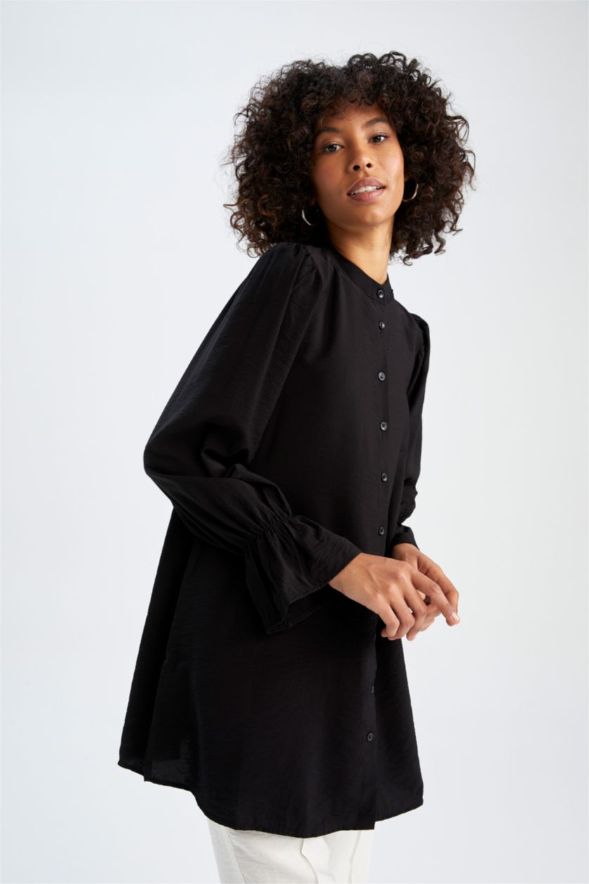 نساء أسود تونيك قصة عادية بياقة مستديرة