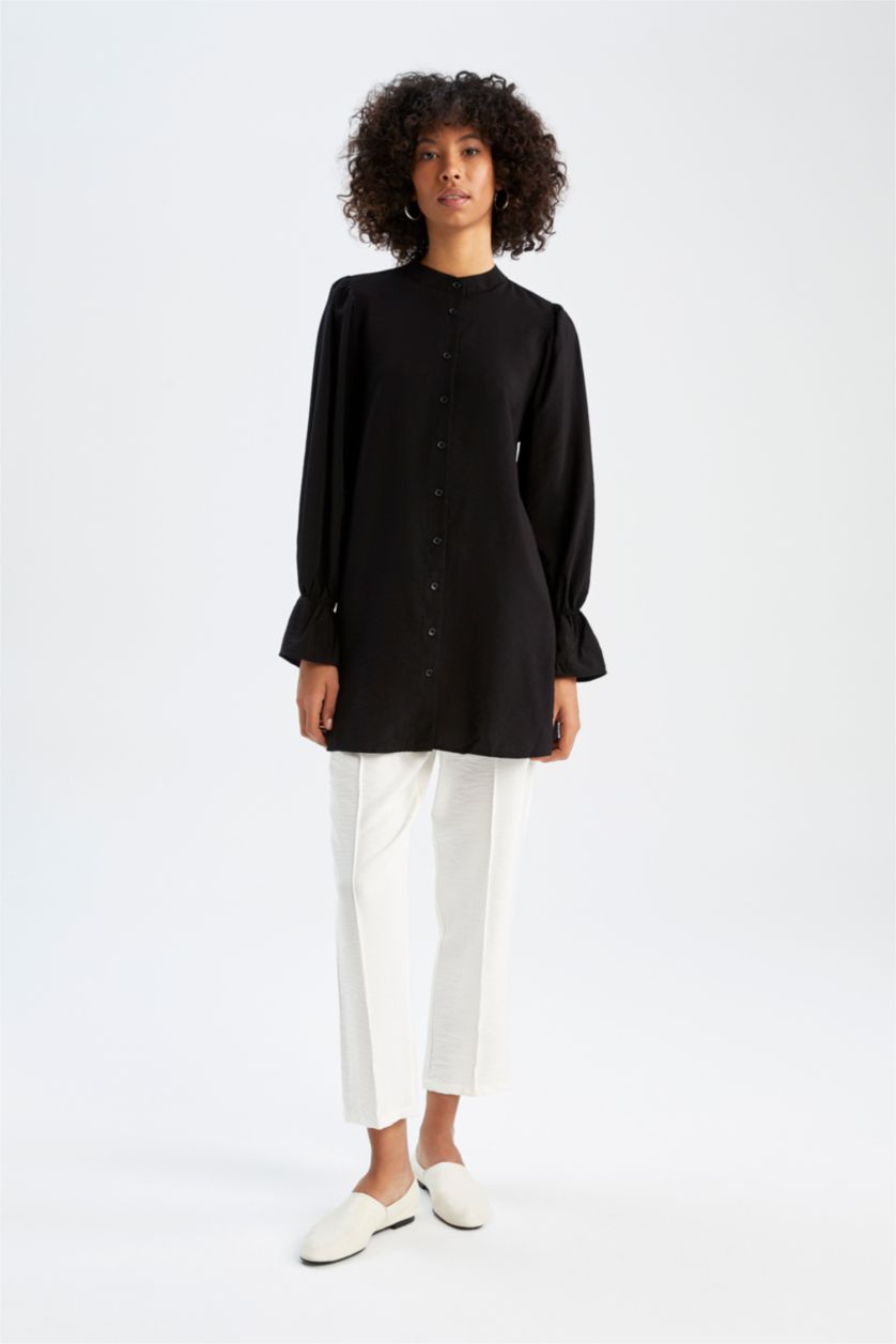 نساء أسود تونيك قصة عادية بياقة مستديرة