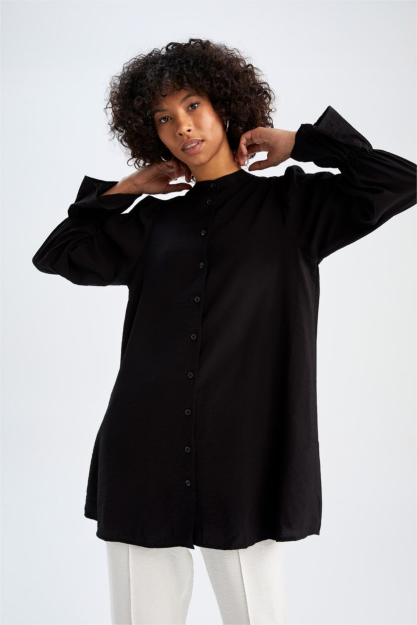 نساء أسود تونيك قصة عادية بياقة مستديرة