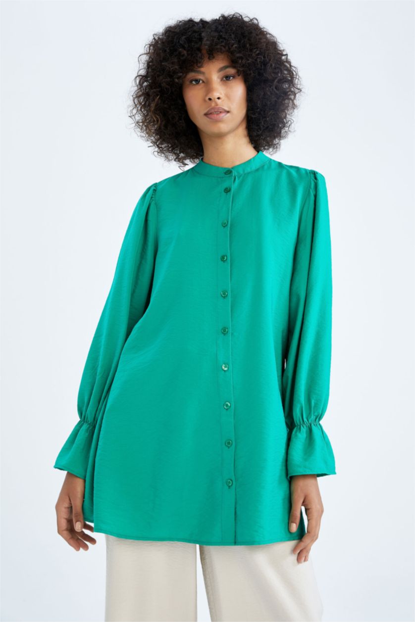 نساء أخضر تونيك قصة عادية بياقة مستديرة