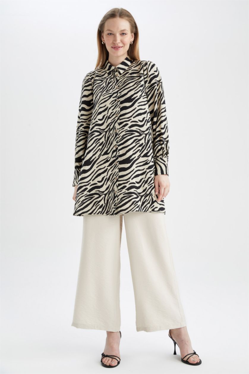 FEMME Écru Tunique À Manches Longues Coupe Régulière Imprimé Col De Chemise